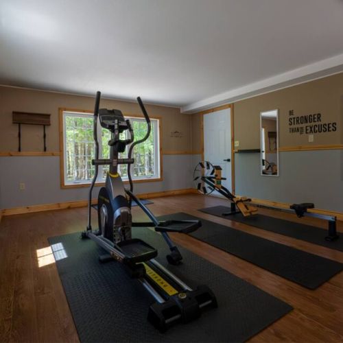 Stay fit on vacation in the private home gym equipped with cardio machines, mirrors, and motivational vibes in a bright, forest-view room