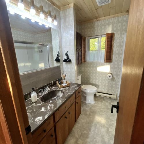 Charming bathroom with a nature-inspired backsplash, a modern sink, and a spacious shower, combining functionality with rustic charm.