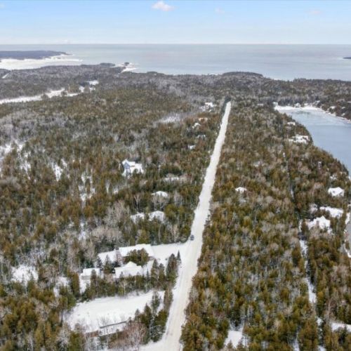 Aerial view of the forested peninsula with easy access to water, trails, and surrounding nature.