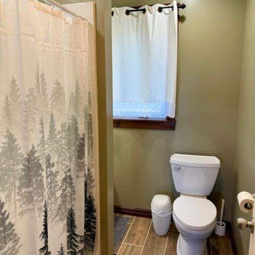 Bright and modern bathroom featuring a walk-in shower with a forest-themed curtain, large window for natural light, and wood-look tile flooring.