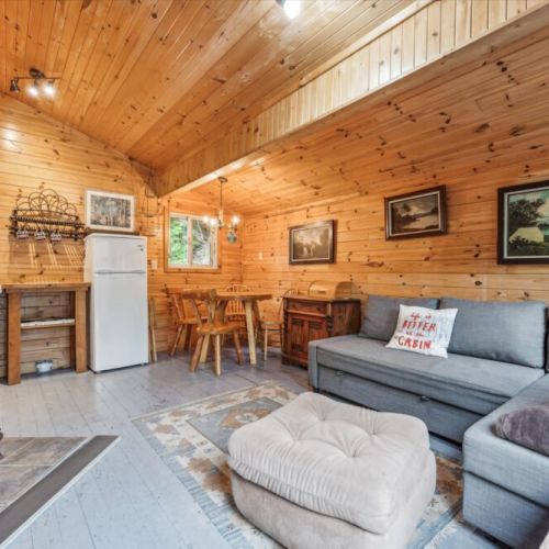 Enjoy hearty meals at the pine dining table or sink into the plush sectional after a day of hiking. With cabin art and warm wood paneling, the space feels authentically rustic and relaxing.