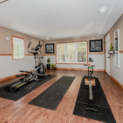 Enjoy a full private home gym with forest views, rowing machine, elliptical, and floor space for yoga or stretching.