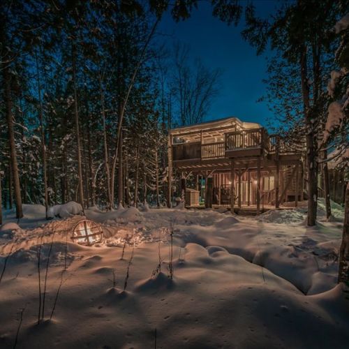 The shared cabin lit up at night in a snowy forest setting—peaceful, quiet, and magical. A beautiful spot for stargazing and evening relaxation.