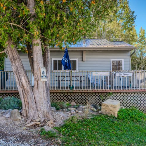 The Hawaii cabin features a cozy front deck with seating and a large umbrella, perfect for outdoor relaxation amidst the trees.