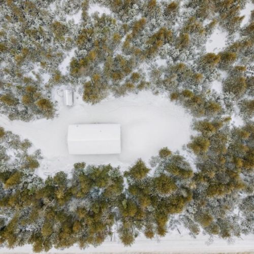 Top-down aerial view showing Woodland Cottage centered on two private acres, completely surrounded by nature for a peaceful getaway.