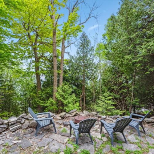Gather around the stone-ringed firepit surrounded by Adirondack chairs and dense forest. Whether roasting marshmallows or enjoying a quiet night, this spot delivers tranquility and connection.