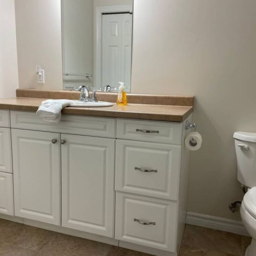 Mid-level 4 piece bathroom is perfect for large families or groups.