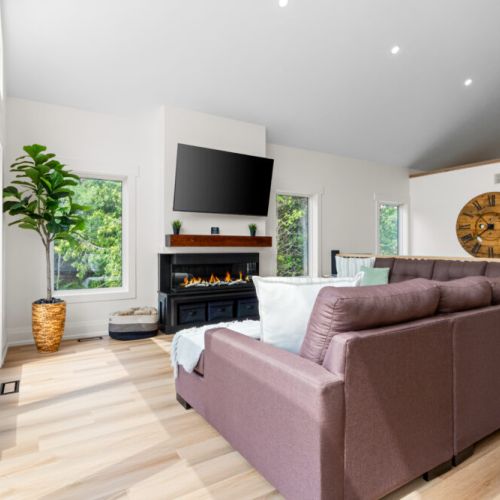 Kick back on the comfortable sectional and enjoy a movie or cozy evening by the fire.