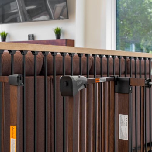The stairway is equipped with safety latches to help keep little ones protected.