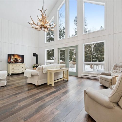 Sun-filled great room with soaring ceilings, fireplace, and large windows overlooking nature