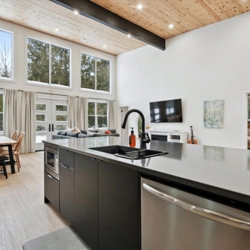 Kitchen island perspective highlighting open sightlines to the living area and expansive windows beyond.