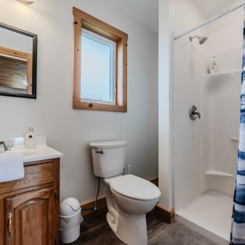 The en-suite bathroom in the loft includes a shower, vanity, and natural light from a nearby window. It’s a private and functional space.