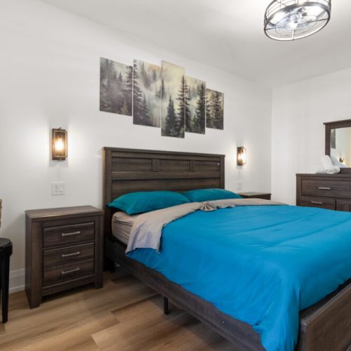 A comfortable bedroom offers the perfect place to unwind after a day on the water.