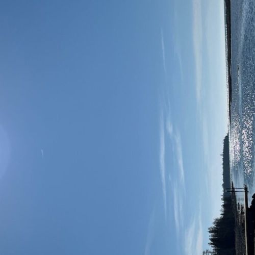 A sparkling morning view at Silver Birch Cottage, where the sun glistens over calm waters under a clear blue sky.