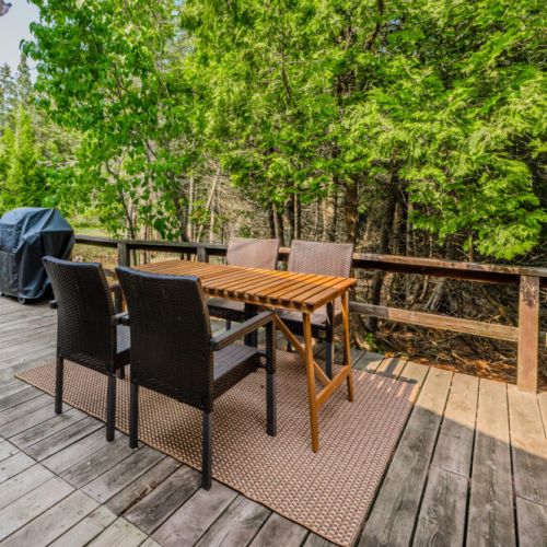 Grill and dine al fresco in this tucked-away forest patio—private, peaceful, and steps from the kitchen for easy outdoor meals.