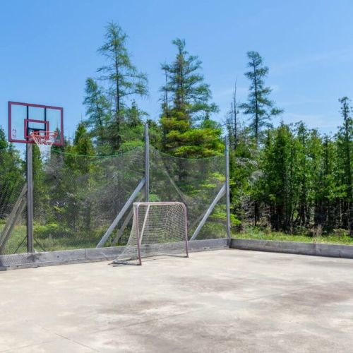 Private outdoor sports court with basketball net and hockey goal—ideal for active travellers and family tournaments under the forest canopy.