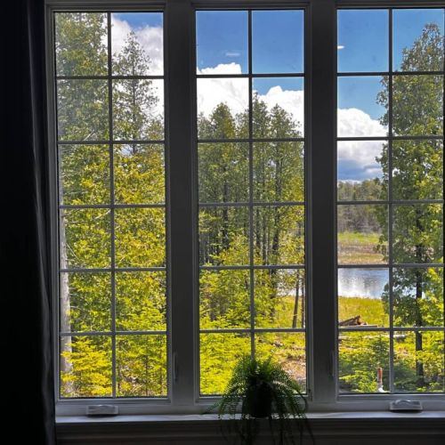 Large windows offering peaceful views of the surrounding trees and nearby water