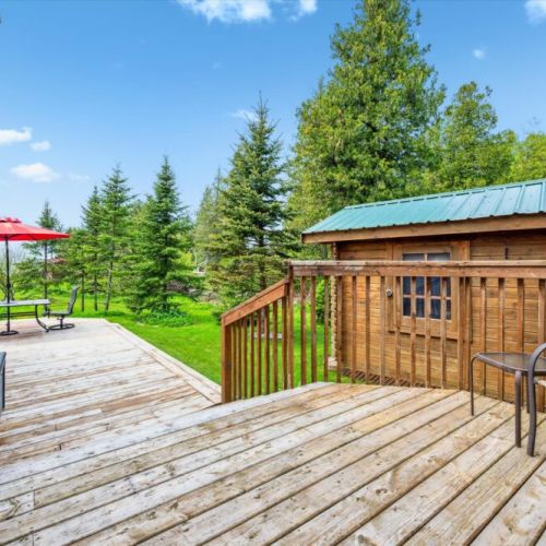 Take in the peaceful forest views from the side deck or unwind beside the rustic wooden garden shed.