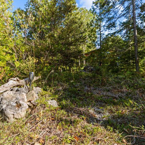 Natural stone features and dense forest enhance the rustic character of this secluded retreat.
