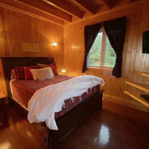 Unwind in this warm and inviting bedroom featuring plaid bedding, natural wood walls, and a serene view of the surrounding greenery.