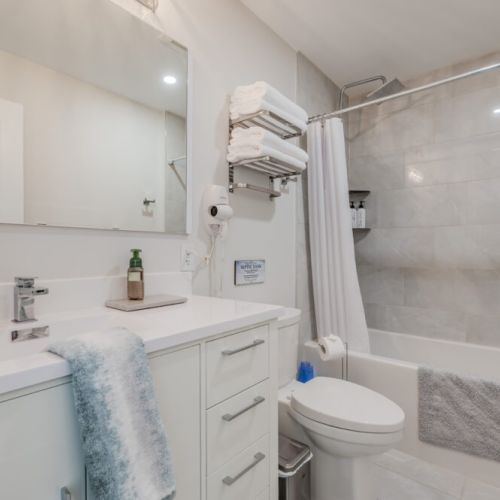The upper floor 3-piece bathroom is perfect for a quick clean-up before dinner or after recreational activities.