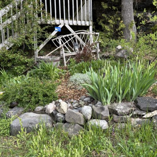 Lush garden at the entrance, surrounded by native stone and woodland greenery for a natural welcome.