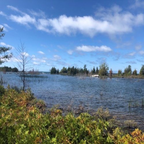 Expansive lake views with natural shoreline and open skies