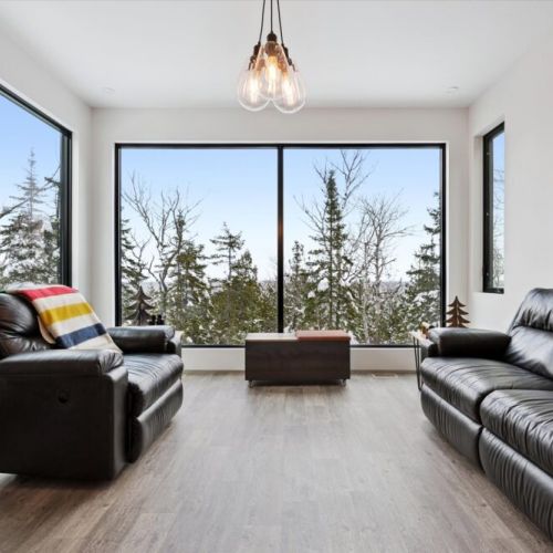 The main living area is surrounded by expansive windows, filling the space with natural light and uninterrupted forest views.