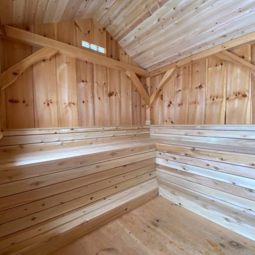 Spacious tiered cedar benches offer plenty of room to stretch out and unwind.