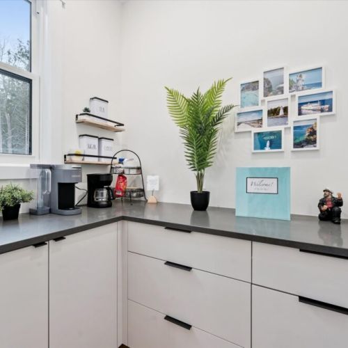 Coffee & beverage station with drip coffee maker, kettle, and essentials for easy mornings.