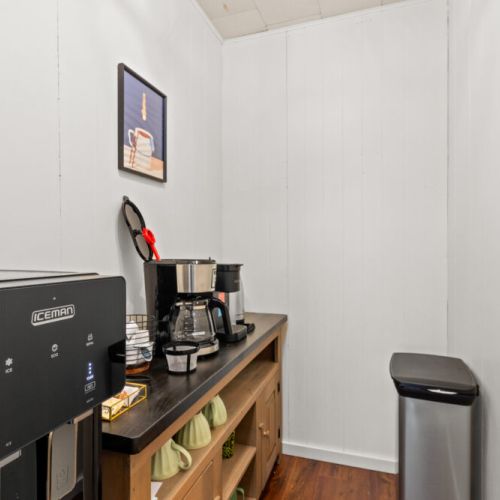 Start your mornings at the dedicated coffee station with both drip coffee and a Keurig.