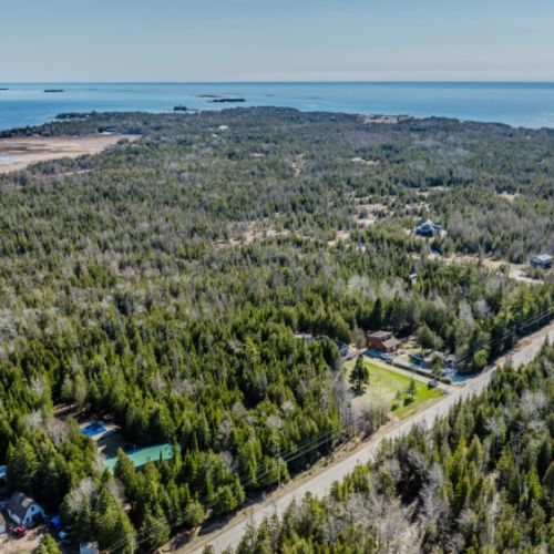 Expansive aerial view of a forested lakeside region, highlighting privacy, natural beauty, and proximity to shoreline—ideal for vacation rentals or serene retreats.