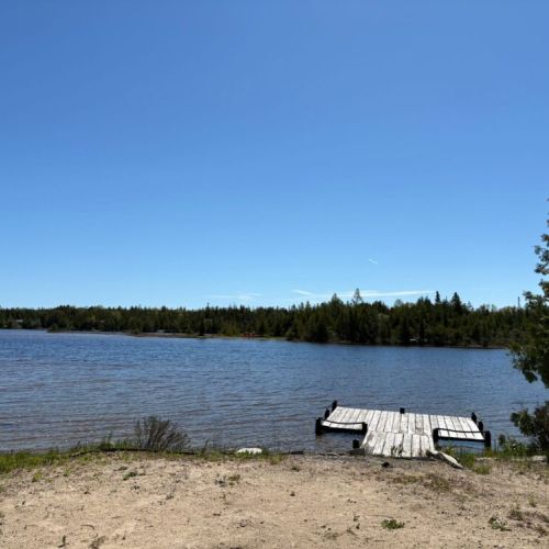 Sunny lakeside view with a small dock extending into calm water under a clear blue sky.