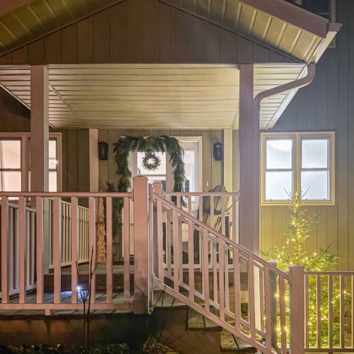 A warm, welcoming arrival — Driftwood’s softly lit entrance sets the tone for a peaceful and elevated stay.