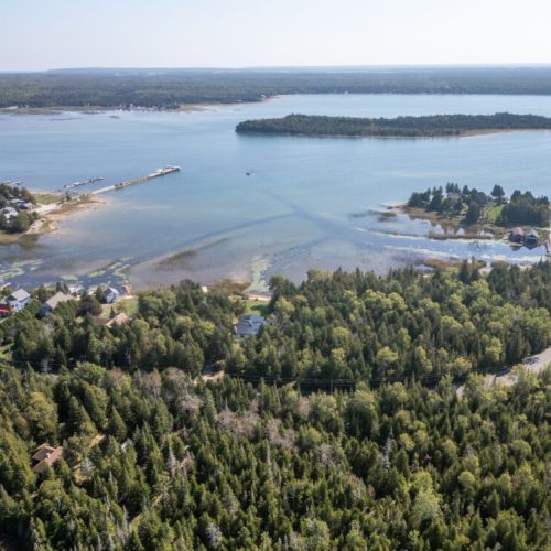 High level view of Stokes Bay and the harbour area showing how peaceful and scenic the setting is.
