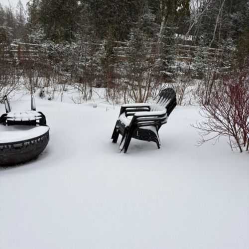 Relax around the outdoor fire pit surrounded by fresh snow and forest views. A cozy winter retreat designed for quiet evenings, nature immersion, and memorable cottage travel.