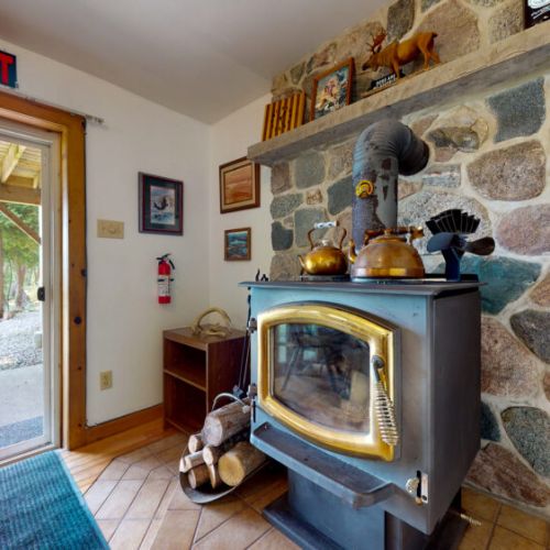The lower level fireplace isa perfect place to get warmed up.