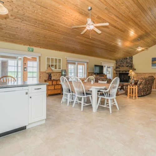 The kitchen island and dining area.