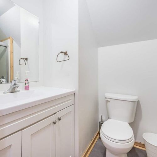 Upper level washroom with shower. Another neat and functional space to freshen up, maintaining the cabin's theme of cozy cabin practicality.