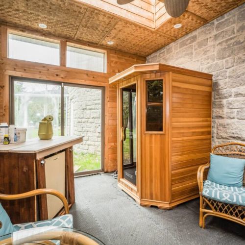 The indoor sauna is the perfect location to relax and unwind after a long day of recreational activities.