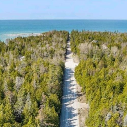 A scenic aerial view of the road leading to Sunny Meadow Place—surrounded by forest and just minutes from Lake Huron’s shore.