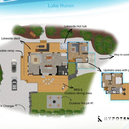 Lakefront Oasis:

Direct Lake Access: Enjoy stunning views and water activities.
Outdoor Retreat: Lakeside deck, BBQ area, 2 fire pits, and a hot tub for relaxation.
Accessibility: Ramp for easy access and an accessible bathroom.
EV Charging: Convenient for eco-conscious travelers.
Privacy: Upstairs area with a separate patio for added space.