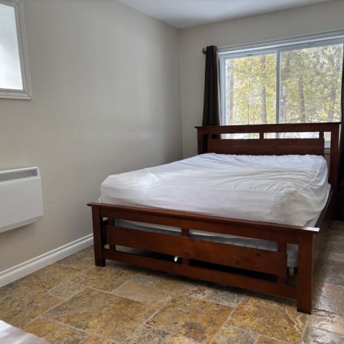 Wake up to peaceful forest views in this sunlit bedroom featuring a cozy queen bed — perfect for your nature getaway.