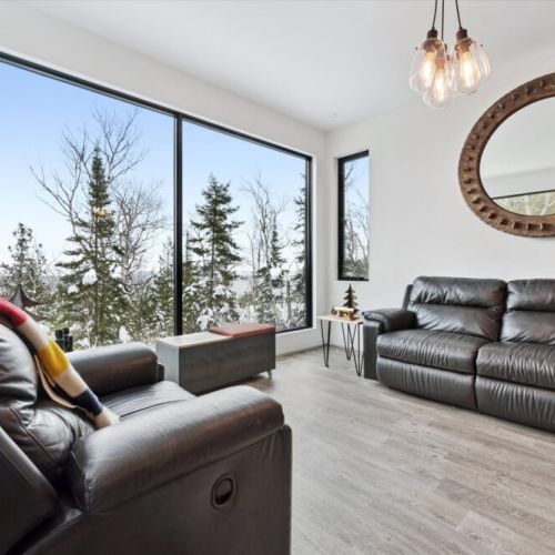 Comfortable modern seating paired with expansive forest views creates a living space that feels calm, bright, and deeply connected to nature.