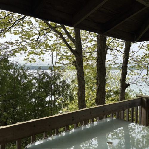 Peaceful deck view overlooking the shimmering waters of Georgian Bay, framed by maple and cedar trees.