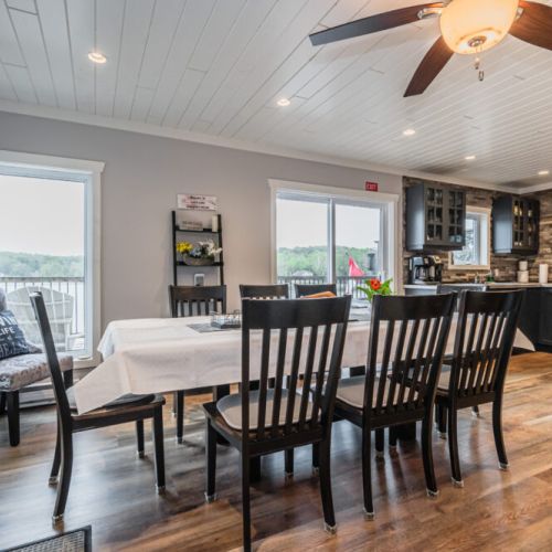 Bright dining space with seating for the whole group and beautiful bay views.