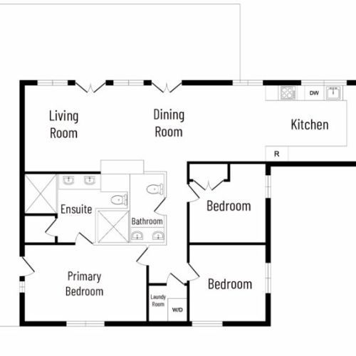 Floor plan of the main cottage showing the open concept living area and three bedroom layout.
