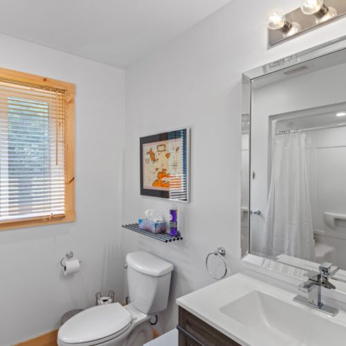 The ensuite bathroom features a modern vanity and a convenient tub and shower combination.
