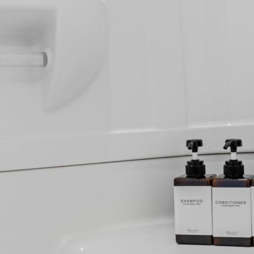 Fresh towels and complimentary shampoo, conditioner, and body wash are provided for your stay.
