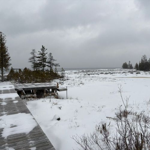 A rustic dock stretches toward a snow-covered shoreline and open water beyond. Perfect for peaceful lakeside travel, photography, and nature lovers seeking a secluded coastal retreat.